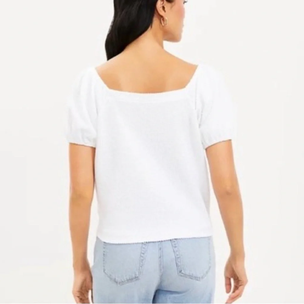 Loft Seersucker Tie Waist Puff Sleeve White Top